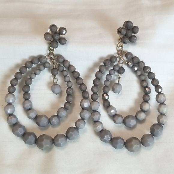 Silver Gray Bead Double Hoop Earrings - Picture 1 of 4